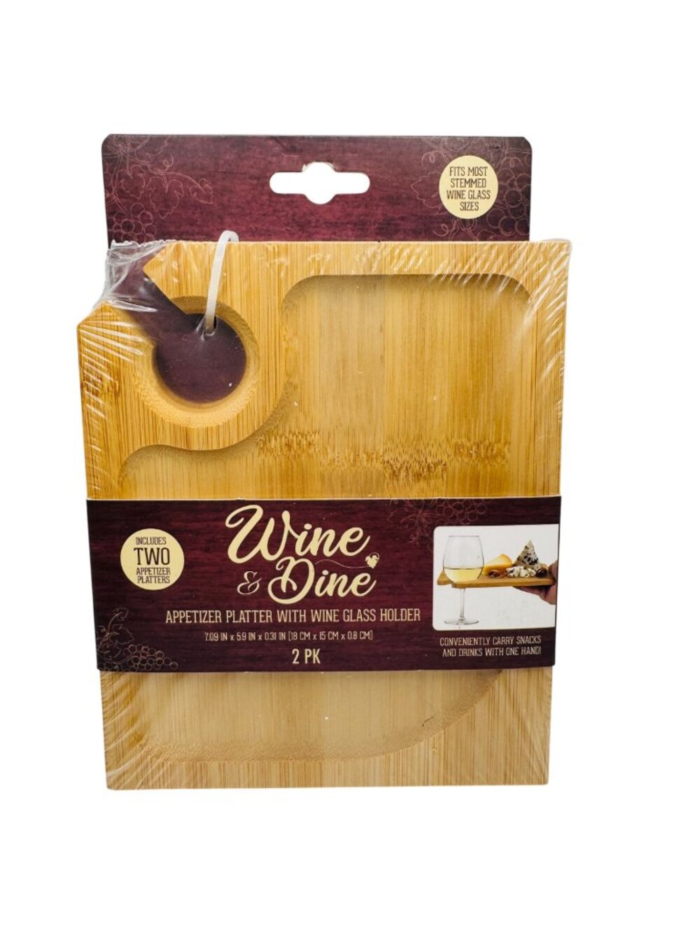 Wine & Dine Appetizer Platter With Wine Glass Holder 2 Pack Bamboo 7.09" x 5.9"